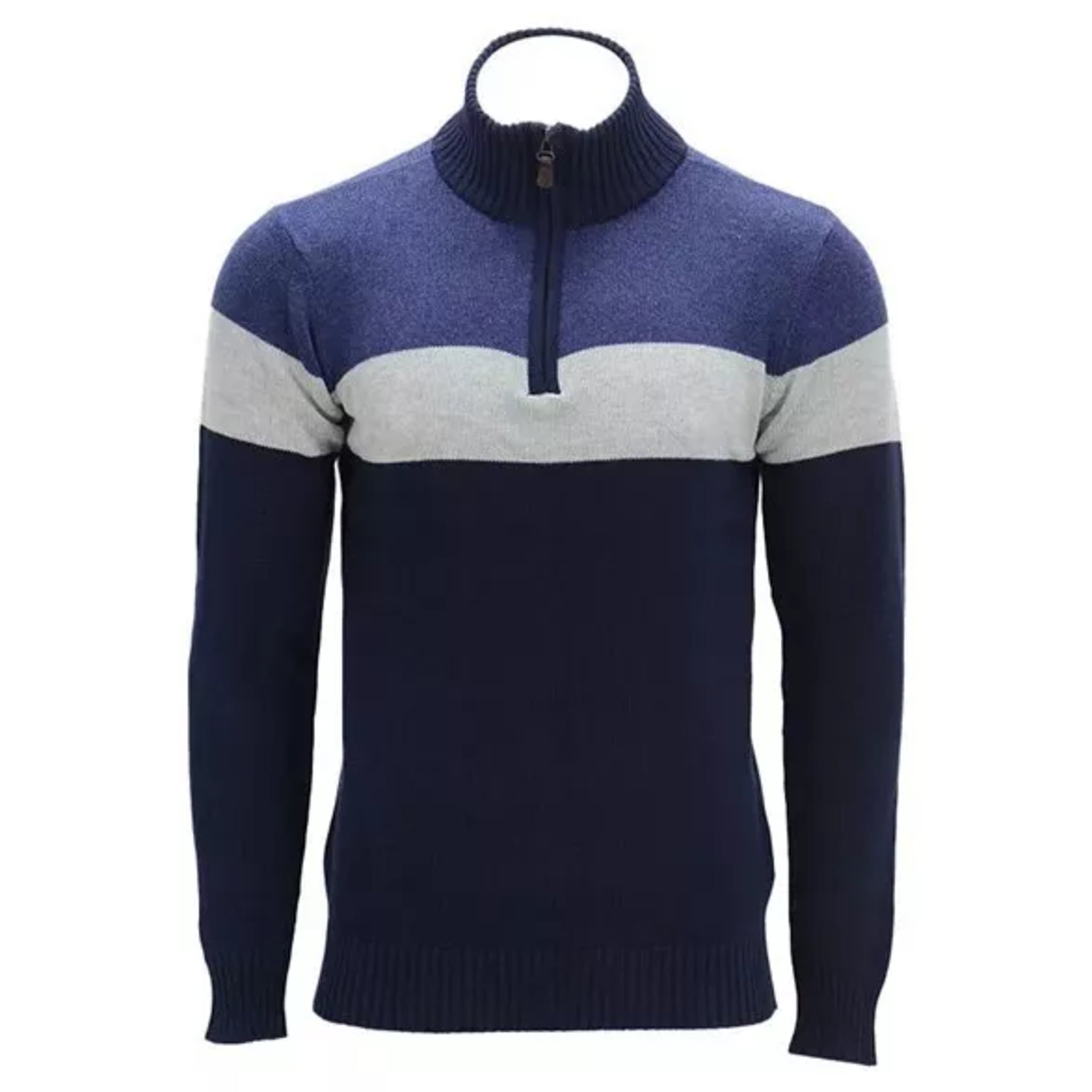 Men's blue and grey colour block 1/4 zip cotton jumper with high collar